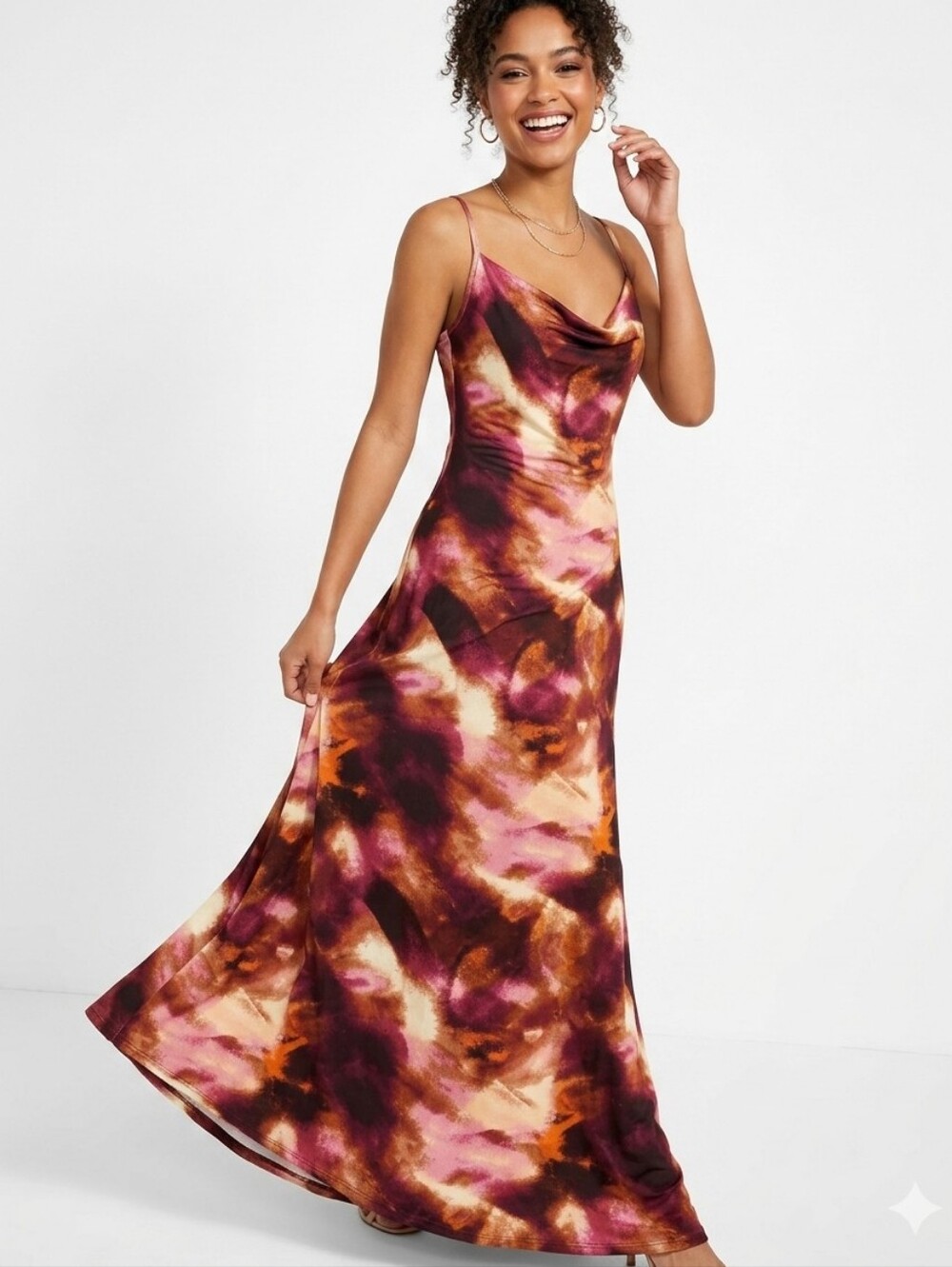 Almost Famous Slip Maxi Dress in Pink and Brown Tie-Dye